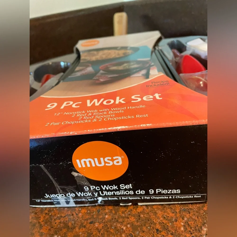 Imusa 9 Pc Wok Set with Red Utensils recipe included brand new NWT